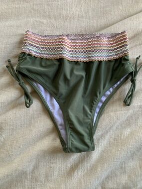 NWOT Sage Green High-Waist Bikini Bottom with Multicolor Smocked Waistband
